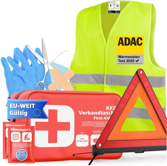 3 in 1 set car breakdown set tested 2025 & car accessories - car first aid kit with first aid kit & warning vest & warning triangle for StVO
