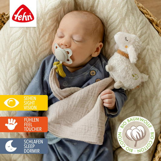 Fehn Cuddle Cloth Sheep Nature - Playmate & cuddly toy comfort blanket made of organic cotton - with pacifier attachment for babies & toddlers from 0+ months.