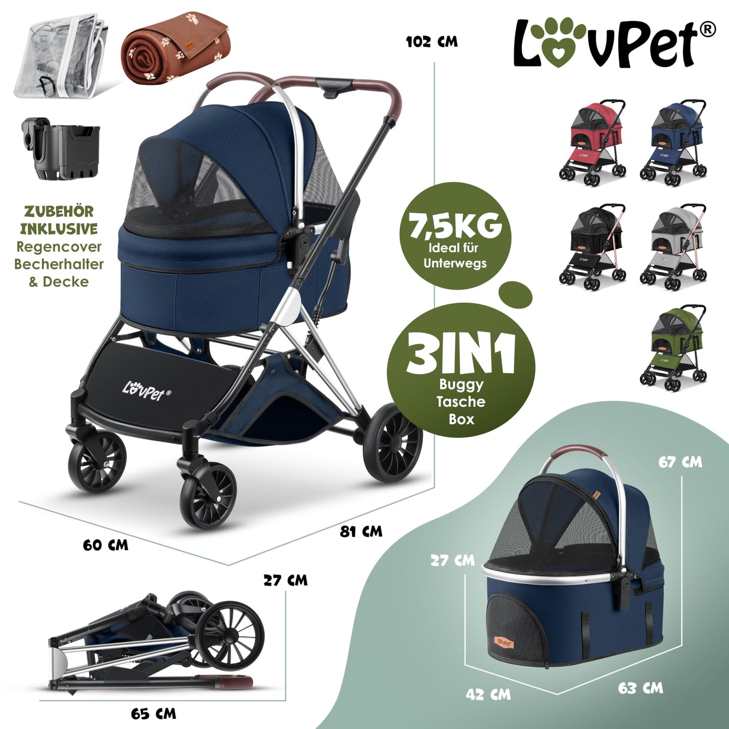 LOVPET® 3in1 dog stroller for dogs up to 20kg. Can be used as a dog carrier bag, foldable and collapsible. Features large wheels, mesh windows, rain cover, cup holder, and cozy blanket. Also suitable for cats, jogging, and outdoor activities.