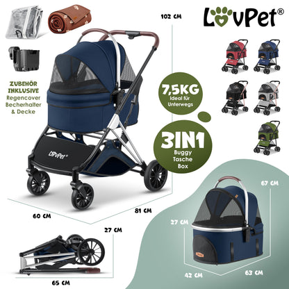 LOVPET® 3in1 dog stroller for dogs up to 20kg. Can be used as a dog carrier bag, foldable and collapsible. Features large wheels, mesh windows, rain cover, cup holder, and cozy blanket. Also suitable for cats, jogging, and outdoor activities.