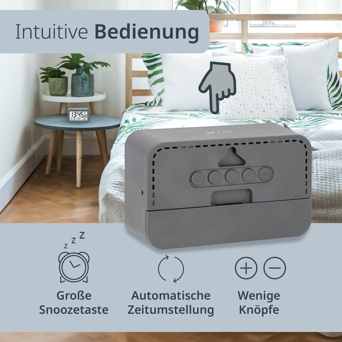 ADE Digital Alarm Clock with Light | Clock with temperature and calendar display | compact travel alarm clock | pretty matte gray case | with battery
