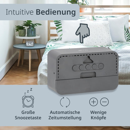 ADE Digital Alarm Clock with Light | Clock with temperature and calendar display | compact travel alarm clock | pretty matte gray case | with battery