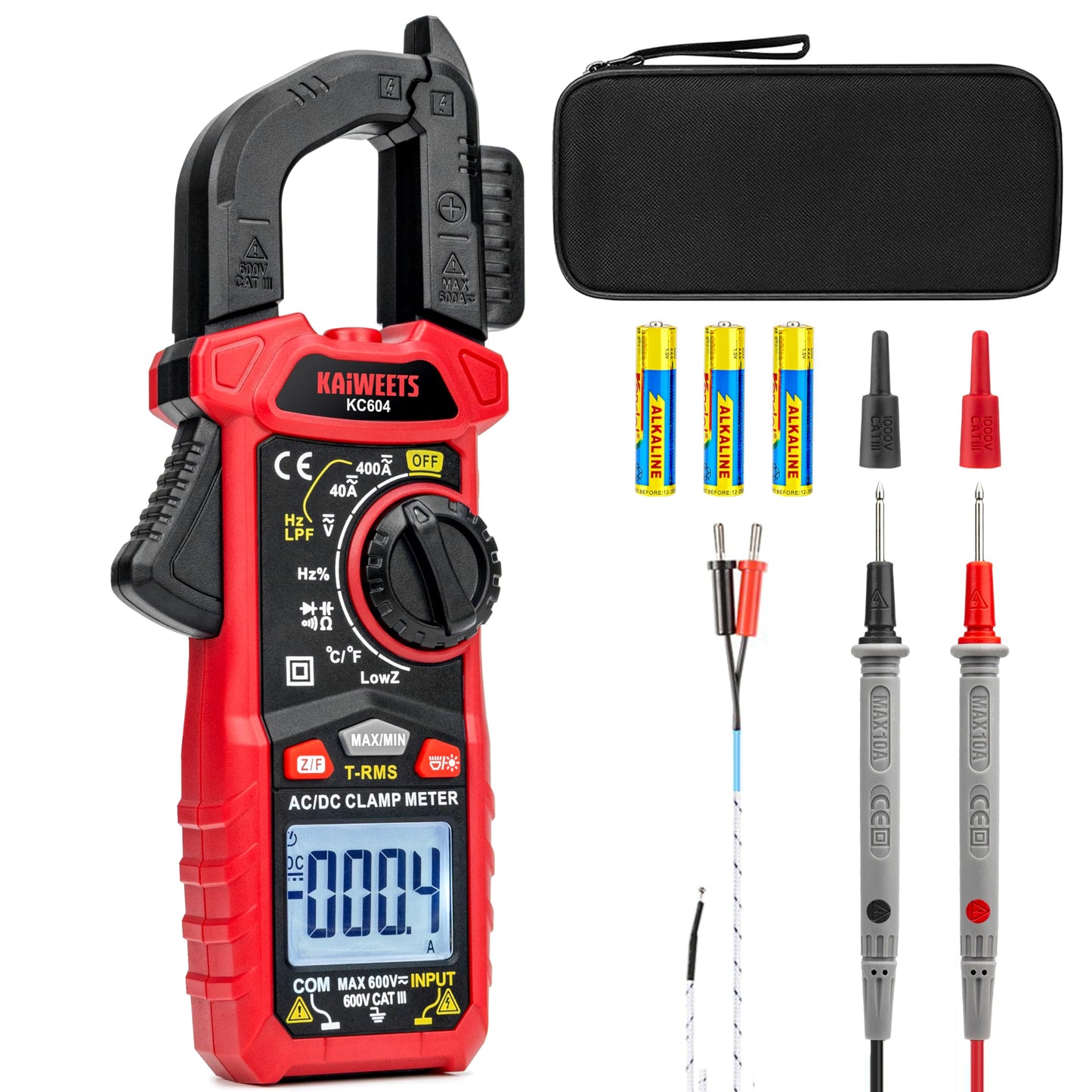KAIWEETS Clamp Meter AC DC, True-RMS 4000 Count Clamp Multimeter with Flashlight Backlight for measuring AC/DC voltage current temperature continuity diode NCV, KC604.