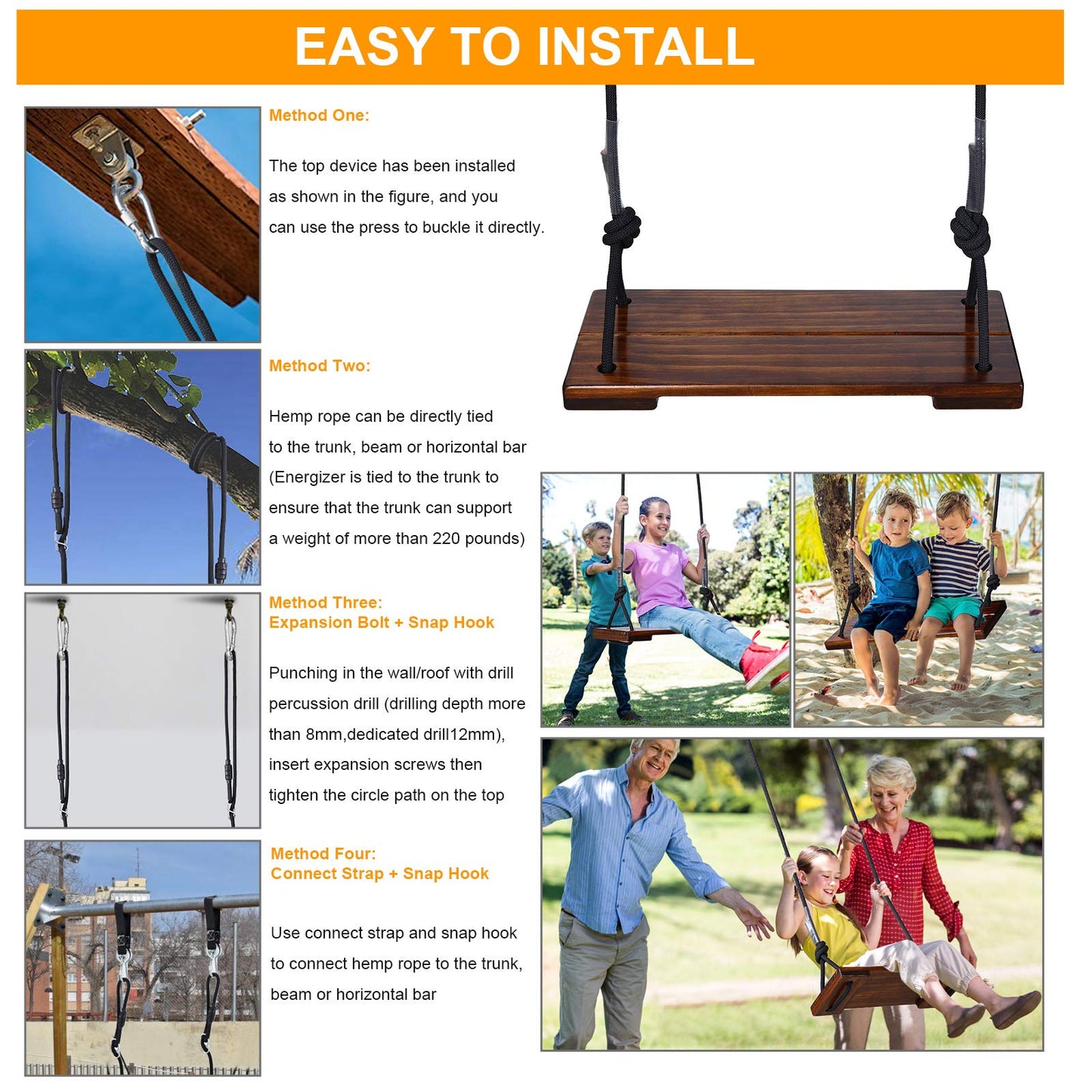 PELLOR Wooden Swing Seat Adult Swing Kids Swing Garden Board Swing for Indoor Outdoor Games with Adjustable Height Rope Loadable up to 200KG (Brown)