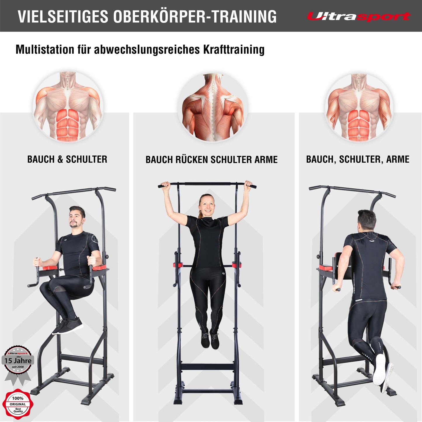 Ultrasport Power Tower, multifunctional fitness station for home use, dip station, pull-up bar, push-up handles, adjustable height, Black - Red.