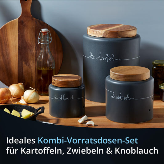 KHG Potato Onion Garlic Storage 3pc Set, Ceramic Stoneware polished, Charcoal Gray Wood Lid Bamboo, Ornate Script, Capacity 3L & 1.5L