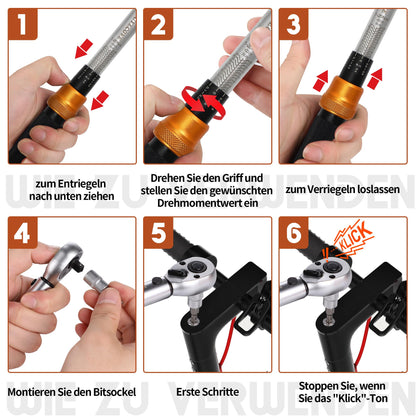 UYECOVE torque wrench 1/4 inch, bicycle torque wrench 1-25Nm 13-piece set. Torque wrench for bikes with 10cm extension bar, allen key, Torx bit socket.