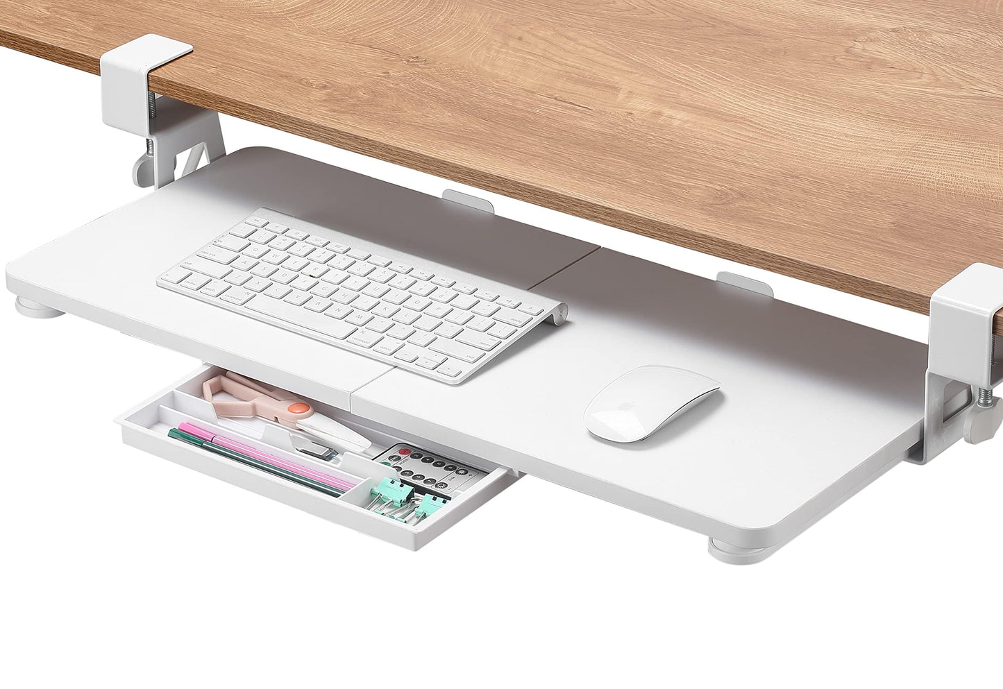 ETHU Keyboard Tray, Keyboard Drawer 65x30 cm with C-Clamp Mount, Under Desk Retractable, Ergonomic Keyboard Slide-Out for Home & Office, Easy to Install (White)
