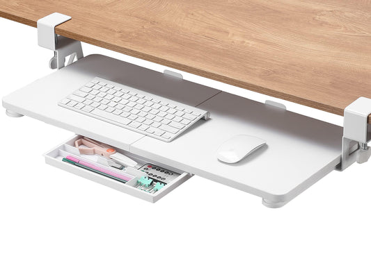 ETHU Keyboard Tray, Keyboard Drawer 65x30 cm with C-Clamp Mount, Under Desk Retractable, Ergonomic Keyboard Slide-Out for Home & Office, Easy to Install (White)