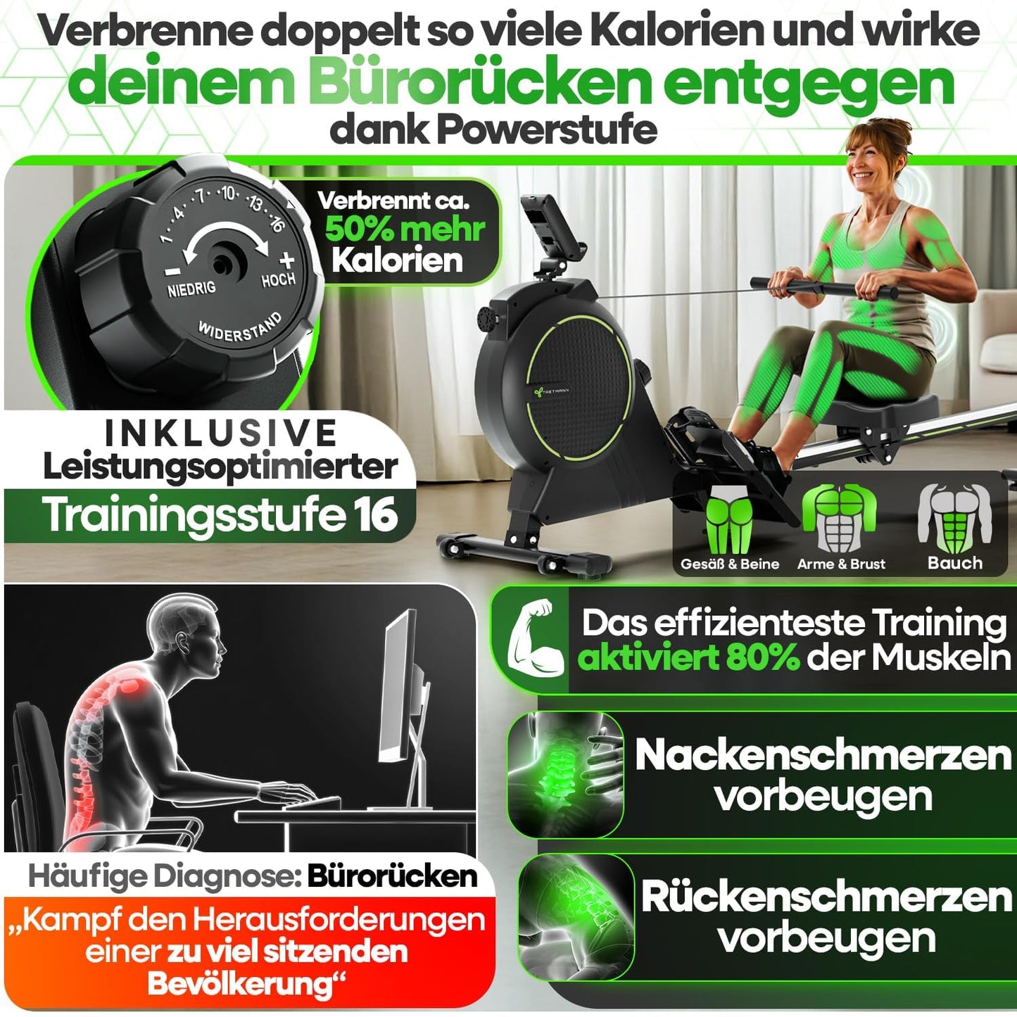 NEW Tretmann rowing machine for home set - extra quiet- [eddy current brake 2.0] certified up to 150KG | patented ErgoConcept | rowing machine magnet rowing machine rowing fitness equipment
