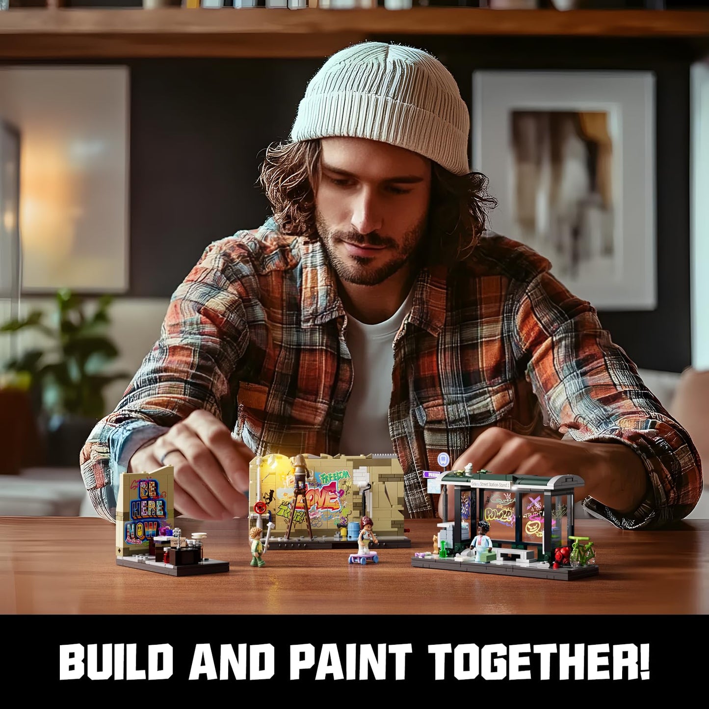 FUNWHOLE Graffiti Bus Stop Building Blocks Lighting Decoration, Modular Building Street Fusion City Town Bus Station, 516Pcs, Suitable for Adults and Street Style Enthusiasts, F9066.