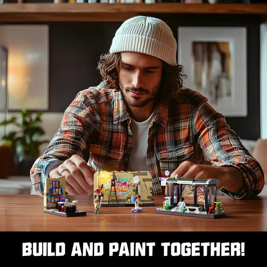 FUNWHOLE Graffiti Bus Stop Building Blocks Lighting Decoration, Modular Building Street Fusion City Town Bus Station, 516Pcs, Suitable for Adults and Street Style Enthusiasts, F9066.