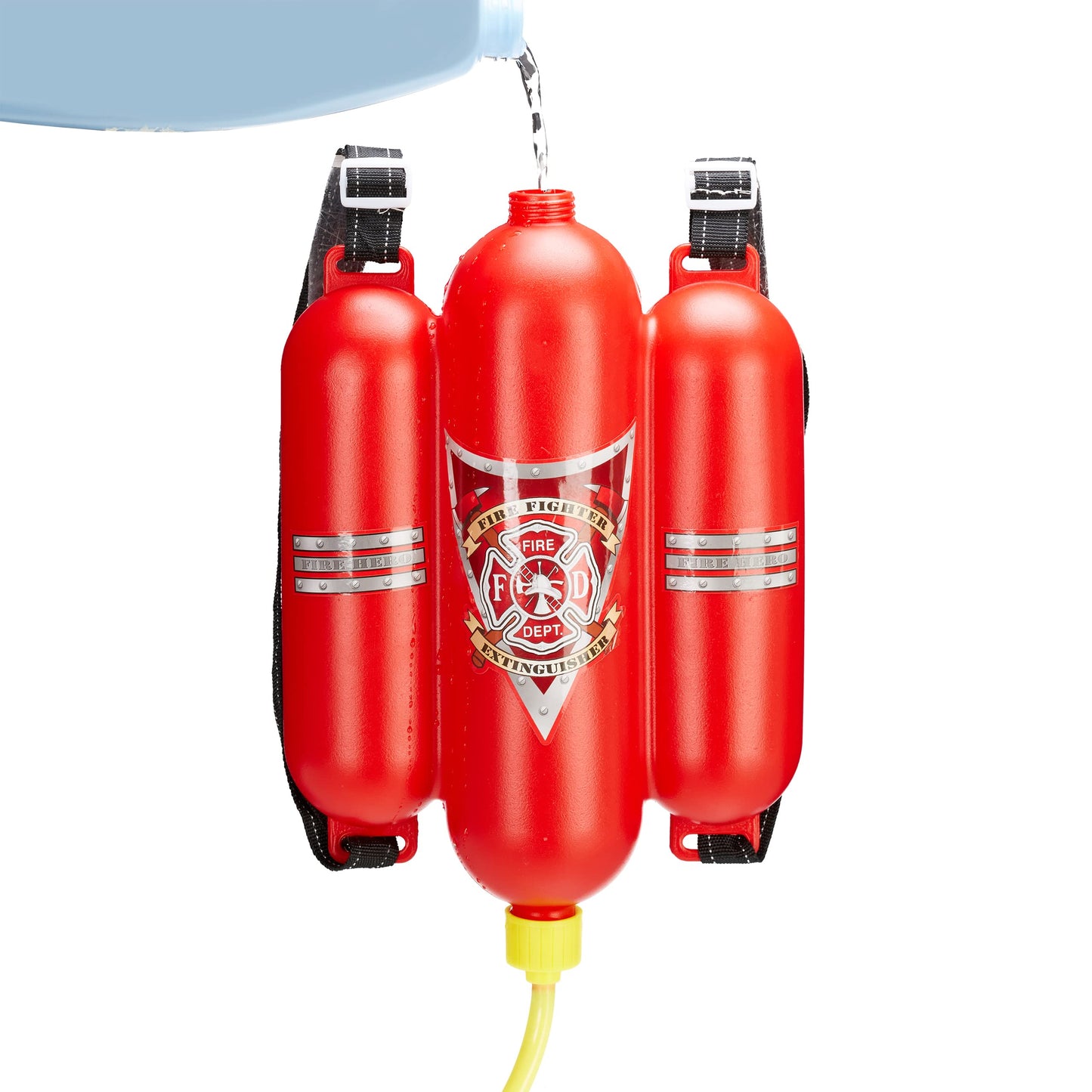 Relaxdays 10 x Firefighter Water Pistol, 2.5 l Water Tank, 5 m Range, 2 Spray Functions, Firefighting Backpack for Kids, Red-Yellow