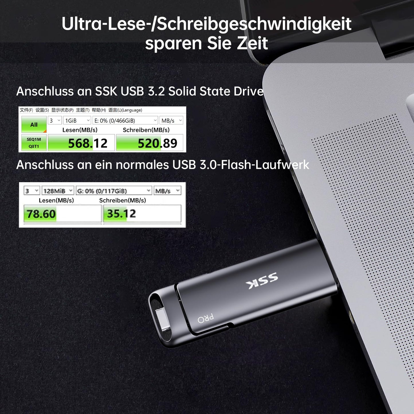 SSK USB C External SSD 128GB, with up to 550 MB/s Extremely fast USB stick, Dual-USB Type C + USBA USB3.2 Gen2 memory stick for Android phone, laptop, tablet, Mac.