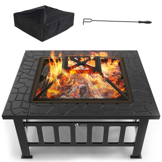 VOUNOT Fire Pit with Spark Guard, Fire Bowl Fire Basket for Garden Patio Heating, with Waterproof Cover, 81x81x45cm