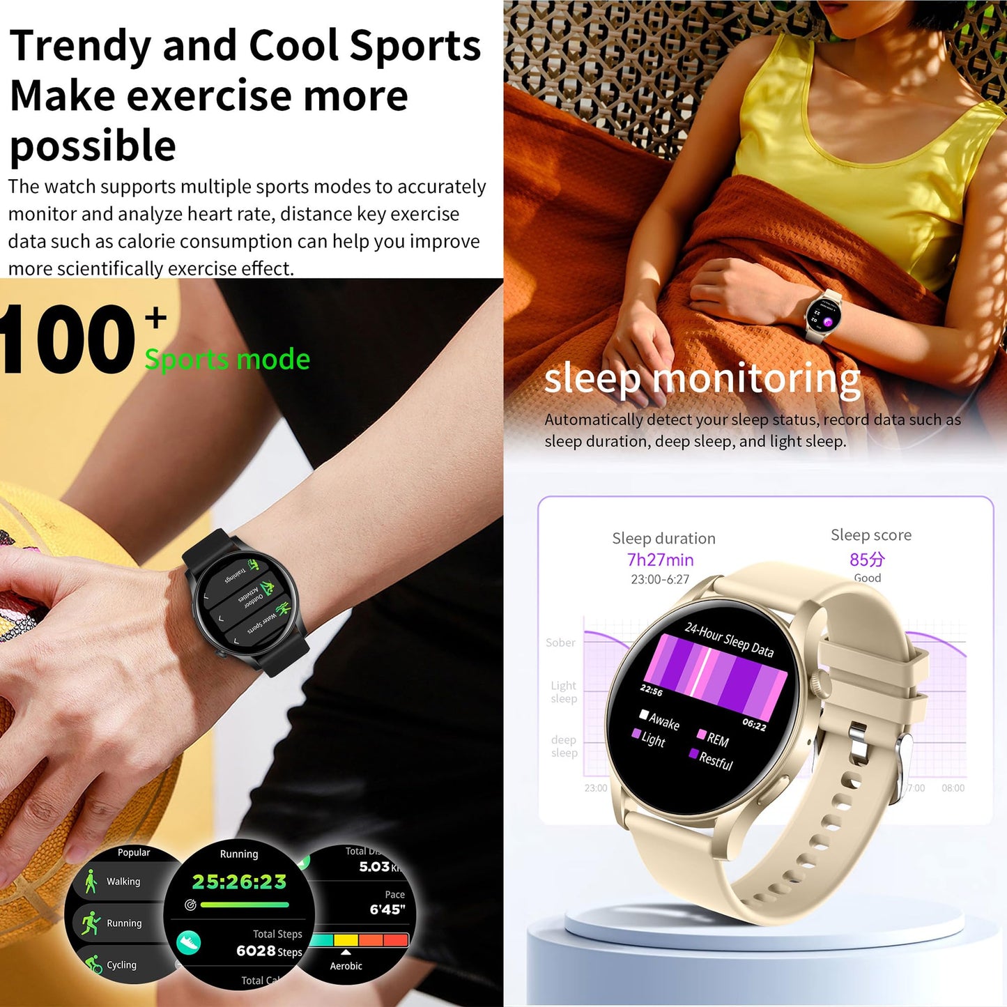 Women's smartwatch with phone function, 1.43" AMOLED fitness watch with 100+ sport modes, heart rate monitor, sleep monitor, step counter, fitness tracker compatible with Android/iOS, 3 bands, gift for women (gold)