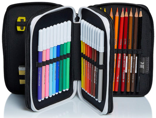 Seven Juventus pencil case, pen pouch for stationery, complete with pencils, markers, school supplies, with 3 compartments, girls, school - elementary school, XXL soccer black and white