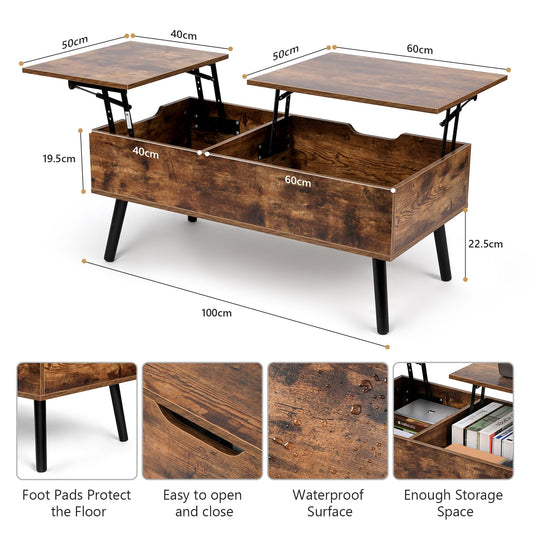 VOWNER Coffee Table, Adjustable Height Coffee Table, Extendable, Retractable Living Room Table, Separate Hidden Storage Compartment, Double Lift Top, Side End Table, Vintage Brown
