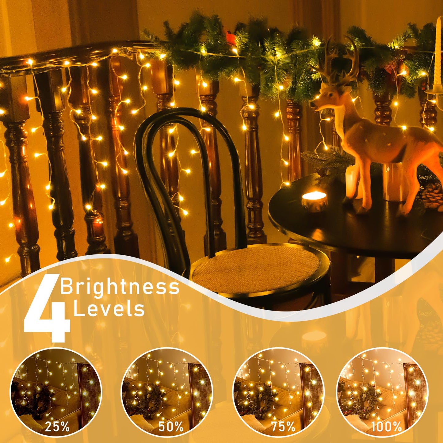 Auriostar Icicle Light String Outdoor, 7.5M 306 LED Warm White Outdoor String Light with Timer 8 Modes, IP44 Waterproof Outdoor Christmas Lighting for Balcony Window House Outdoor Christmas Decorations