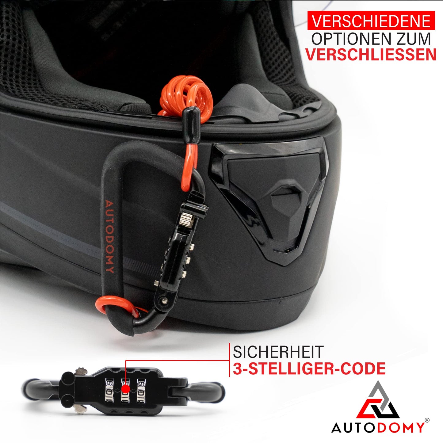 Autodomy Helmet Lock Motorcycle 150 cm Cable | Lock for Motorcycle Helmet with Combination Code | Motorcycle Helmet Lock with Security Code + Flexible Steel Cable + T Adapter