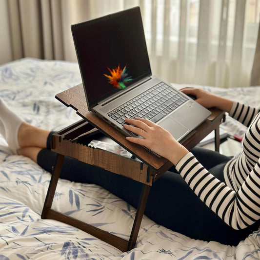 Vigo Wood Laptop Table, wooden laptop stand for bed, adjustable laptop desk and knee tray with built-in storage space, ergonomic design for reading, working