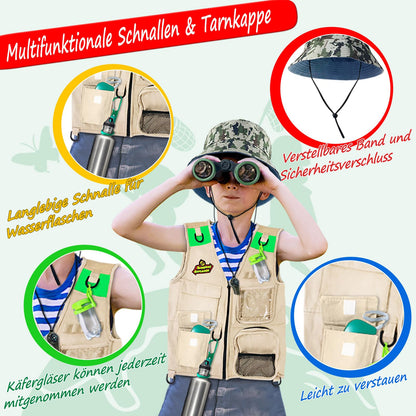 Outdoor Explorer & Bug Catcher Kit with kids vest, binoculars, magnifying glass, butterfly net, hat, and backpack, Adventurer Set gifts for 3-10 year old boys toy