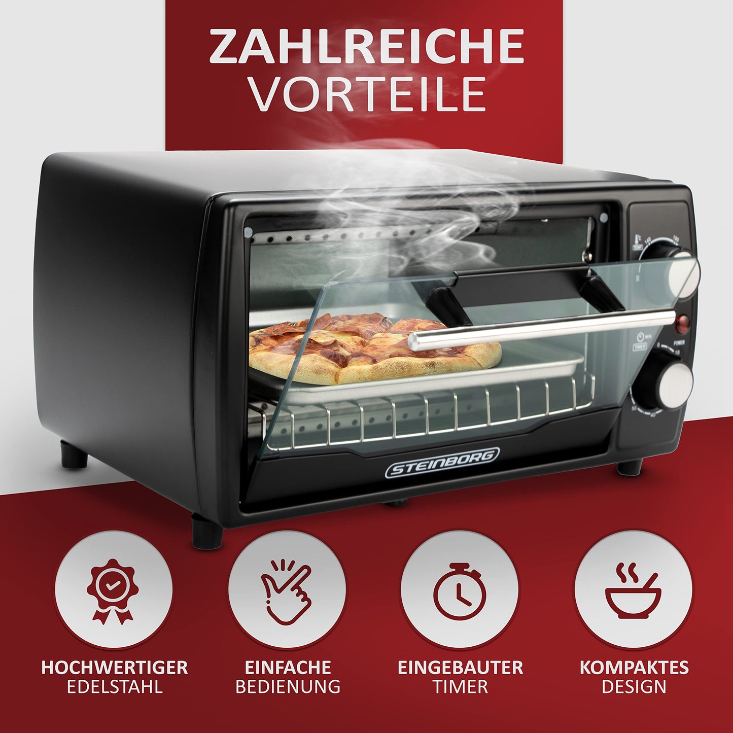 Ecosa Mini Oven | 1000 Watts | 10 liters | includes baking tray and grill rack | Pizza oven | 90°-230°C | 60 min. timer | fold-down crumb tray | mini oven | small oven