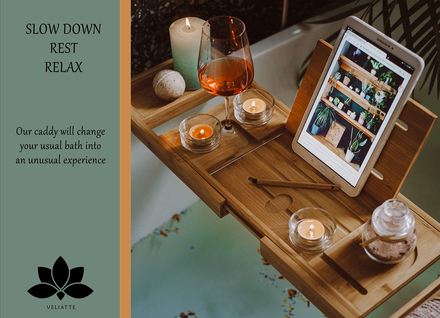 VELIATTE Extendable Wood Bathtub Tray 27.5-41.5 x 9 x 1.6 inches - Bamboo Bathtub Caddy with Stand and Slot for Tablets and Phones - Wine Glass Holder for Bath - Bath Table - Tablet Holder for Bathtub
