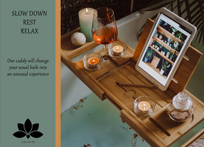 VELIATTE Extendable Wood Bathtub Tray 27.5-41.5 x 9 x 1.6 inches - Bamboo Bathtub Caddy with Stand and Slot for Tablets and Phones - Wine Glass Holder for Bath - Bath Table - Tablet Holder for Bathtub
