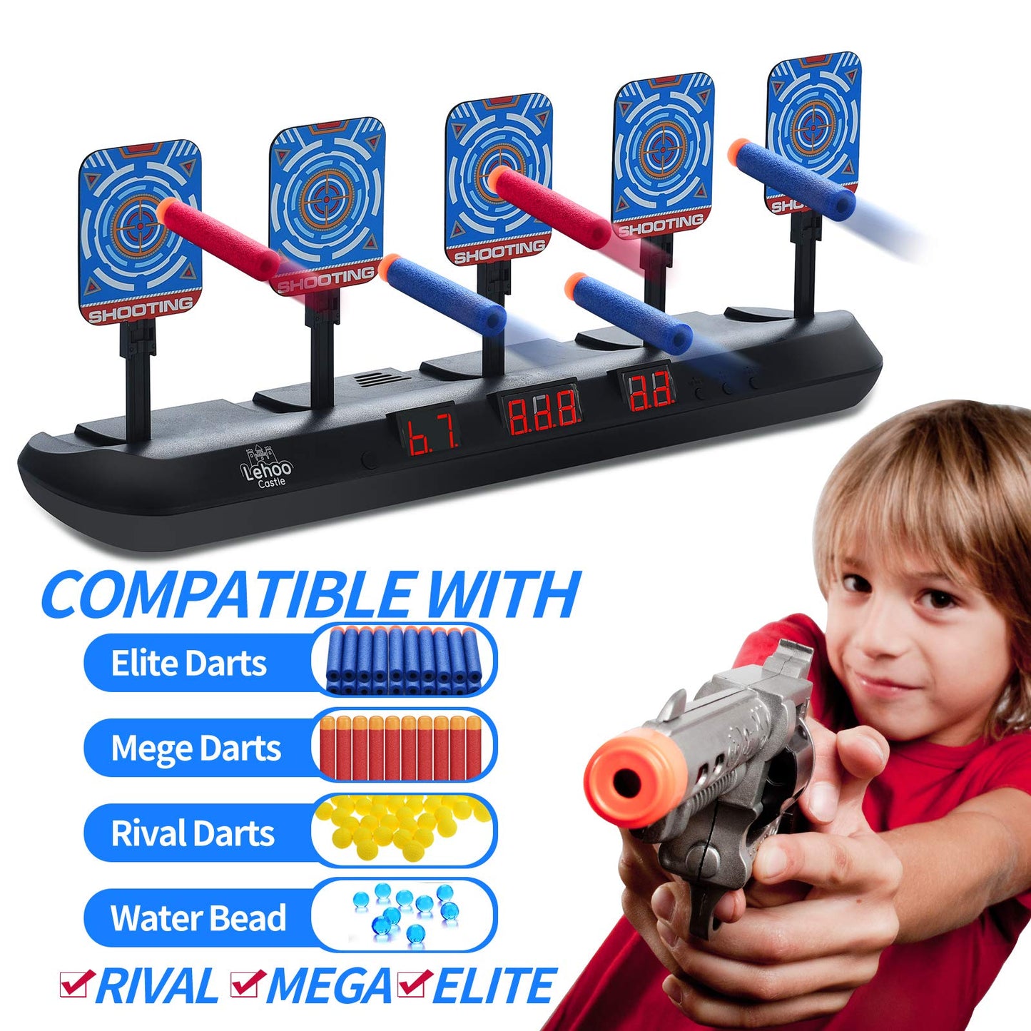 Lehoo Castle Nerf Target, Automatic Electric Target for Nerf Gun, 20 Soft Foam Darts, Gifts for Boys ages 5 6 7 8 9 years.