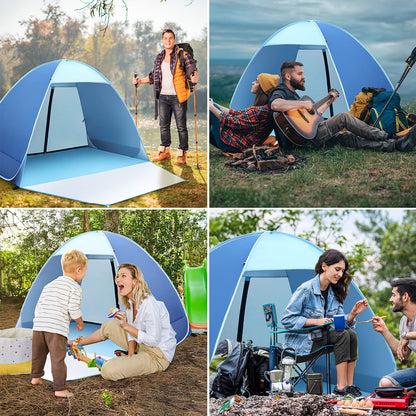 Pop-up beach tent, 2-3 person family tent with UV protection UPF 50+. Beach tent with zipper backdoor, front door with buckles. Compact size for sun protection at the beach or in the garden.