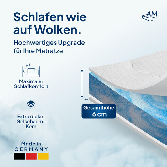 AM Quality Mattress Gel Topper 180x220cm soft - Made in Germany - Gel foam topper 180x220 with Lyocell cover & anti-slip function - Adaptive memory foam mattress topper 180x220
