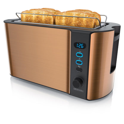 Arendo - Stainless Steel Long Slot 4-Slice Toaster - Defrost Function - Heat-insulating housing - with integrated roll attachment - 1500W - Crumb tray - Display with remaining time display - Copper