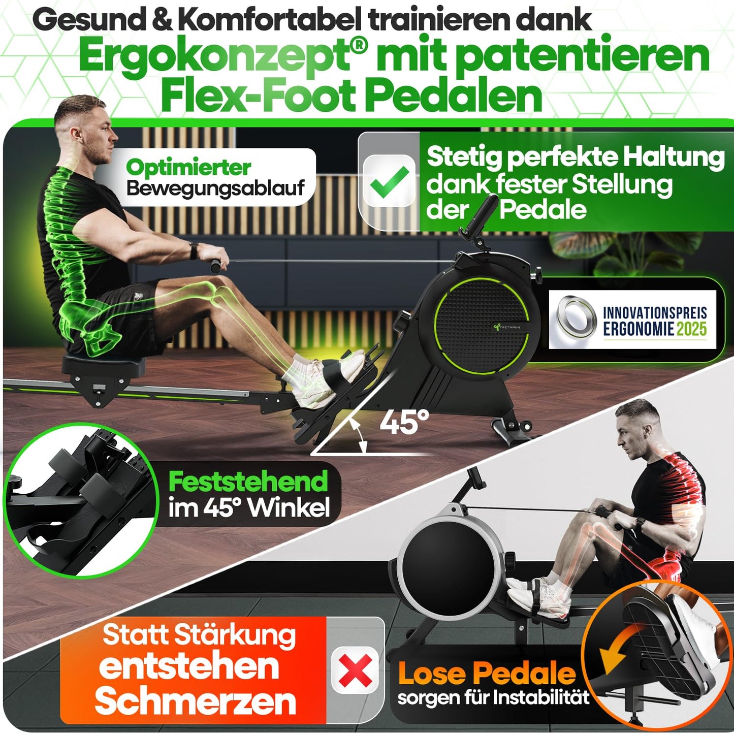 NEW Tretmann rowing machine for home set - extra quiet- [eddy current brake 2.0] certified up to 150KG | patented ErgoConcept | rowing machine magnet rowing machine rowing fitness equipment