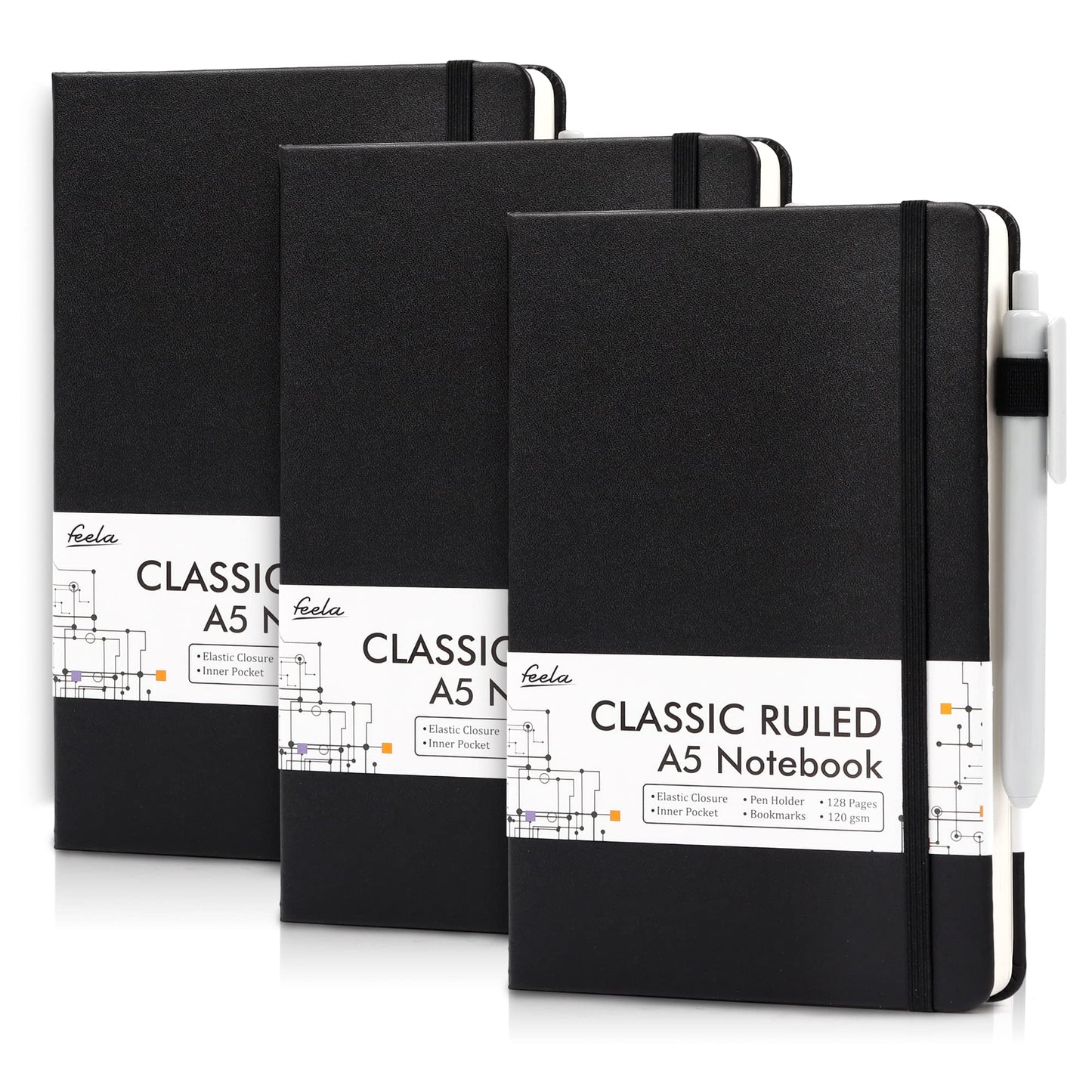 feela Notebook A5 lined, 3 black notebooks with 3 pens, DIN A5 Hardcover Notebooks, 120 g / m², 128 pages each, 64 sheets, diary, business notebook, notebook for men, women