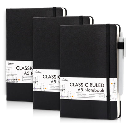 feela Notebook A5 lined, 3 black notebooks with 3 pens, DIN A5 Hardcover Notebooks, 120 g / m², 128 pages each, 64 sheets, diary, business notebook, notebook for men, women