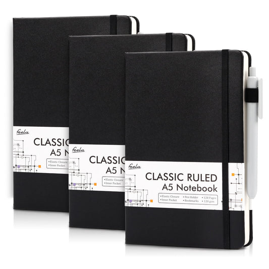 feela Notebook A5 lined, 3 black notebooks with 3 pens, DIN A5 Hardcover Notebooks, 120 g / m², 128 pages each, 64 sheets, diary, business notebook, notebook for men, women