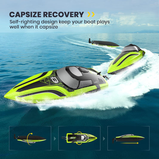 DEERC RC boat with LED light, remote controlled, for pools and lakes, 20+ km/h, 2.4GHz racing boats with 2 batteries, pool toy for kids, remote controlled watercraft (Green)