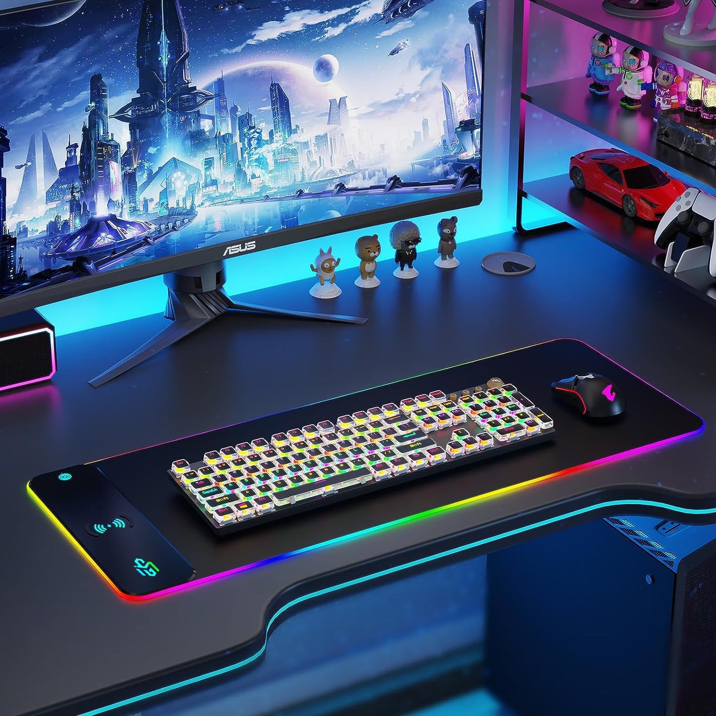 RGB Gaming Mousepad with 15W Qi Mousepad LED, 10 lighting modes and 15W fast charging Qi wireless charging for iPhone, headphones, waterproof, non-slip for gaming, desks, PC, and office.