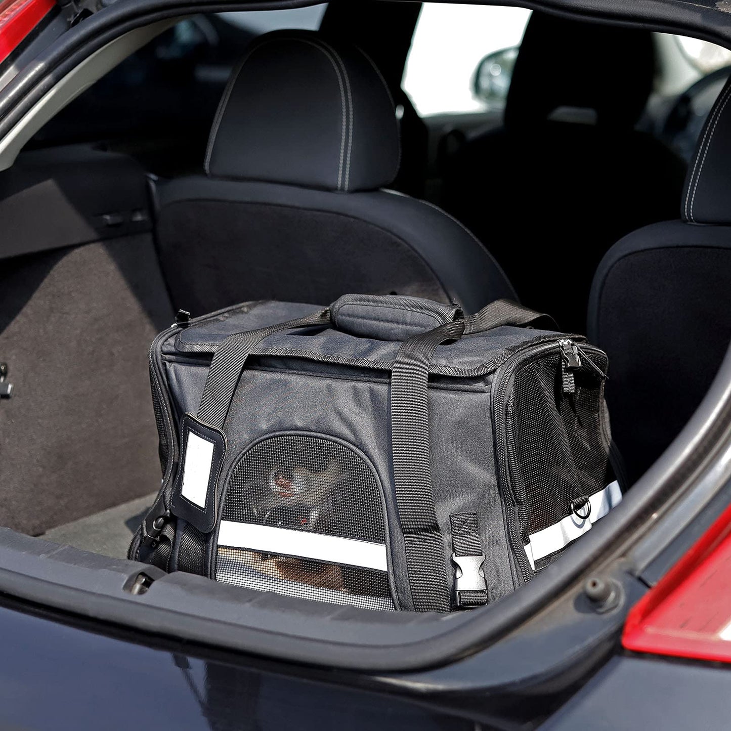 lionto foldable dog carrier for travel with handles & shoulder strap, 48.5x27x31.5 cm, made of durable Oxford fabric & mesh, cat carrier with soft cushion for plane, black