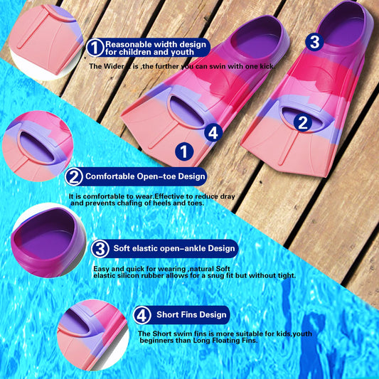 Swim fins for kids, 100% silicone short fins, diver fins rainbow fins for kids adults men women swimming diving (Rainbow-Purple, XXS)