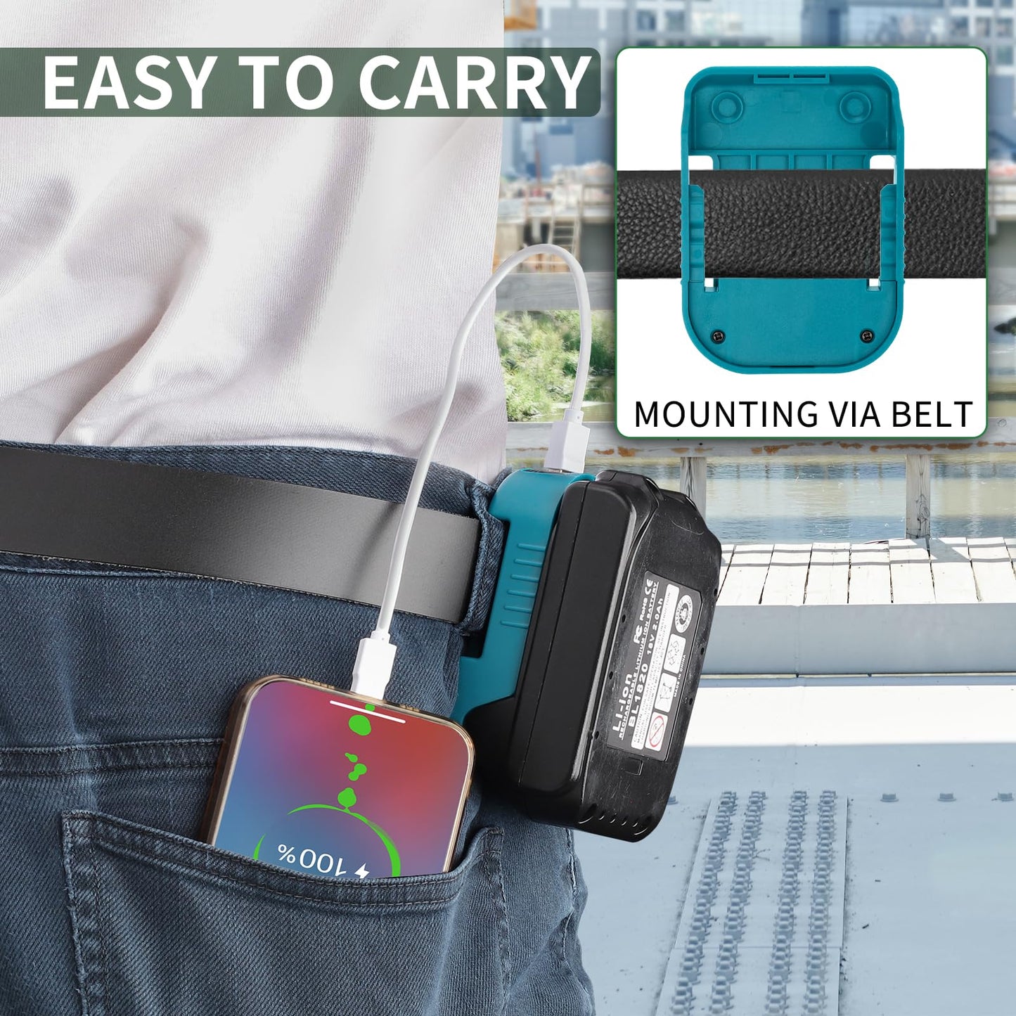 5 Pack of battery-USB adapters compatible with Makita 18V battery, with dual USB and Type-C 5V/2.1A battery holder.