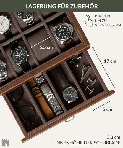 TAWBURY watch box for men for 8 watches - Men's watch box with 8 compartments made of brown vegan leather | Watch storage | Watch box for men | Watch case (Brown)