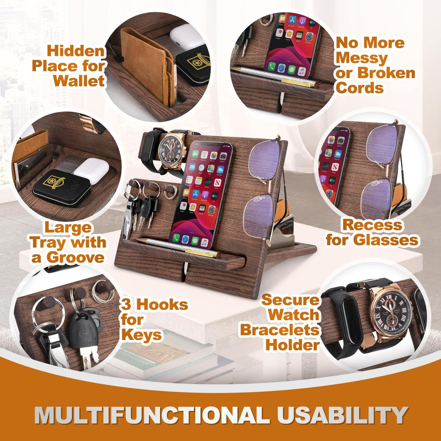 TESLYAR Desk Organizer Wood Ash Wenge - Phone Stand & Key Organizer with 3 Hooks for Office Storage & Organization - Wooden Gifts for Men Ideas
