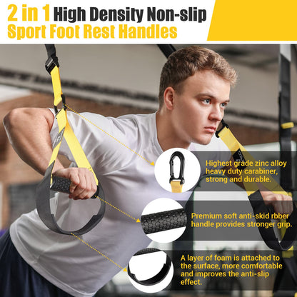 COFOF Suspension Trainer - Professional sports kit for full body training, with large handles, door anchor attachment, carrying bag, and exercise guide for home gym.