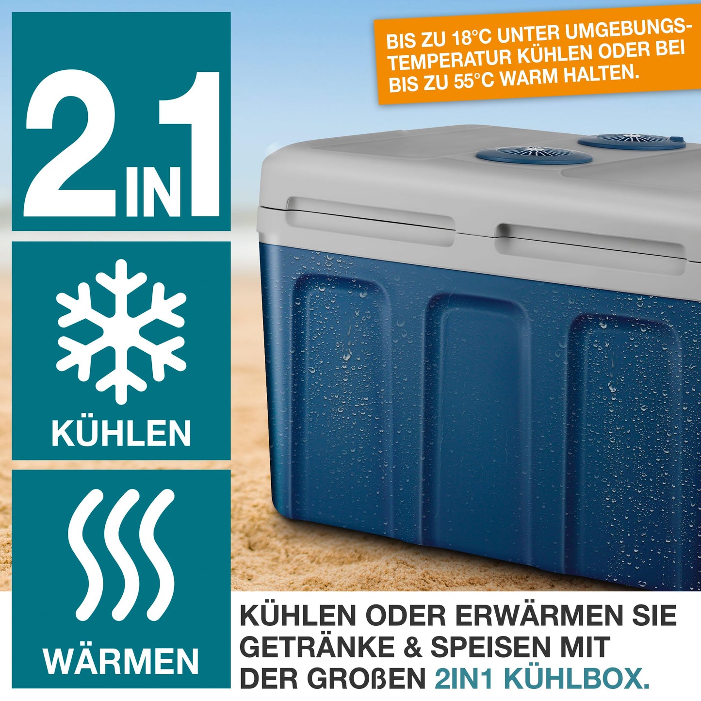 TOM 2in1 XXL cooler 40l with cooling and heating function - electric coolbox with wheels - 230V & 12V power connection - Electric - for car, camping, caravan & Co - PLUS gift (Blue)