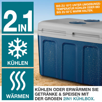TOM 2in1 XXL cooler 40l with cooling and heating function - electric coolbox with wheels - 230V & 12V power connection - Electric - for car, camping, caravan & Co - PLUS gift (Blue)