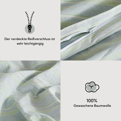 SOULFUL bedding set 135x200 made of striped cotton, 100% washed cotton, light green color, ÖKOTEX certified. Includes 1 duvet cover 135x200 and 1 pillowcase 80x80.