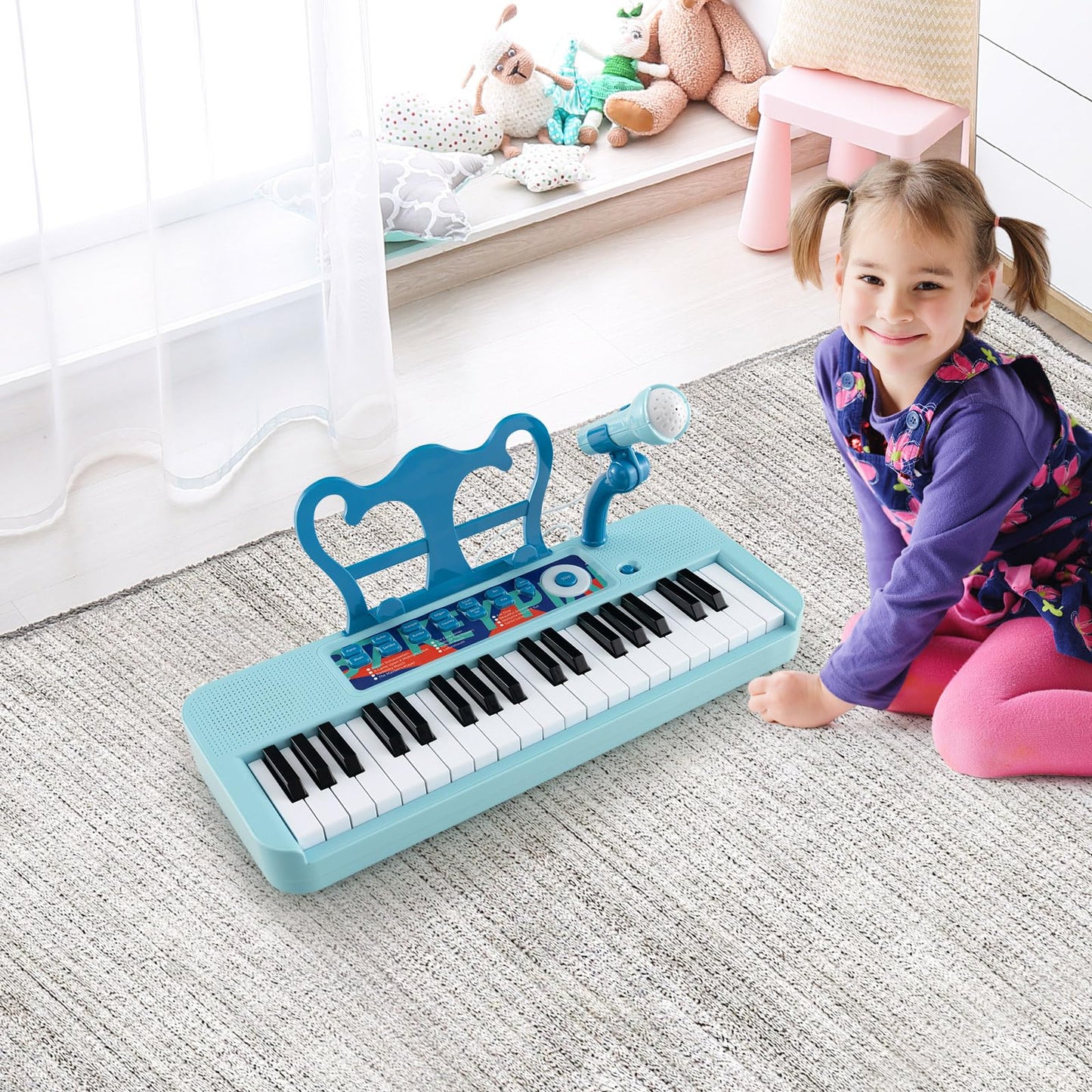 DREAMADE Kids Keyboard, 37 Keys Electronic Piano with Music Stand & Microphone & Stool, Piano Toy for Children aged 3+, Supports up to 50kg (Blue)