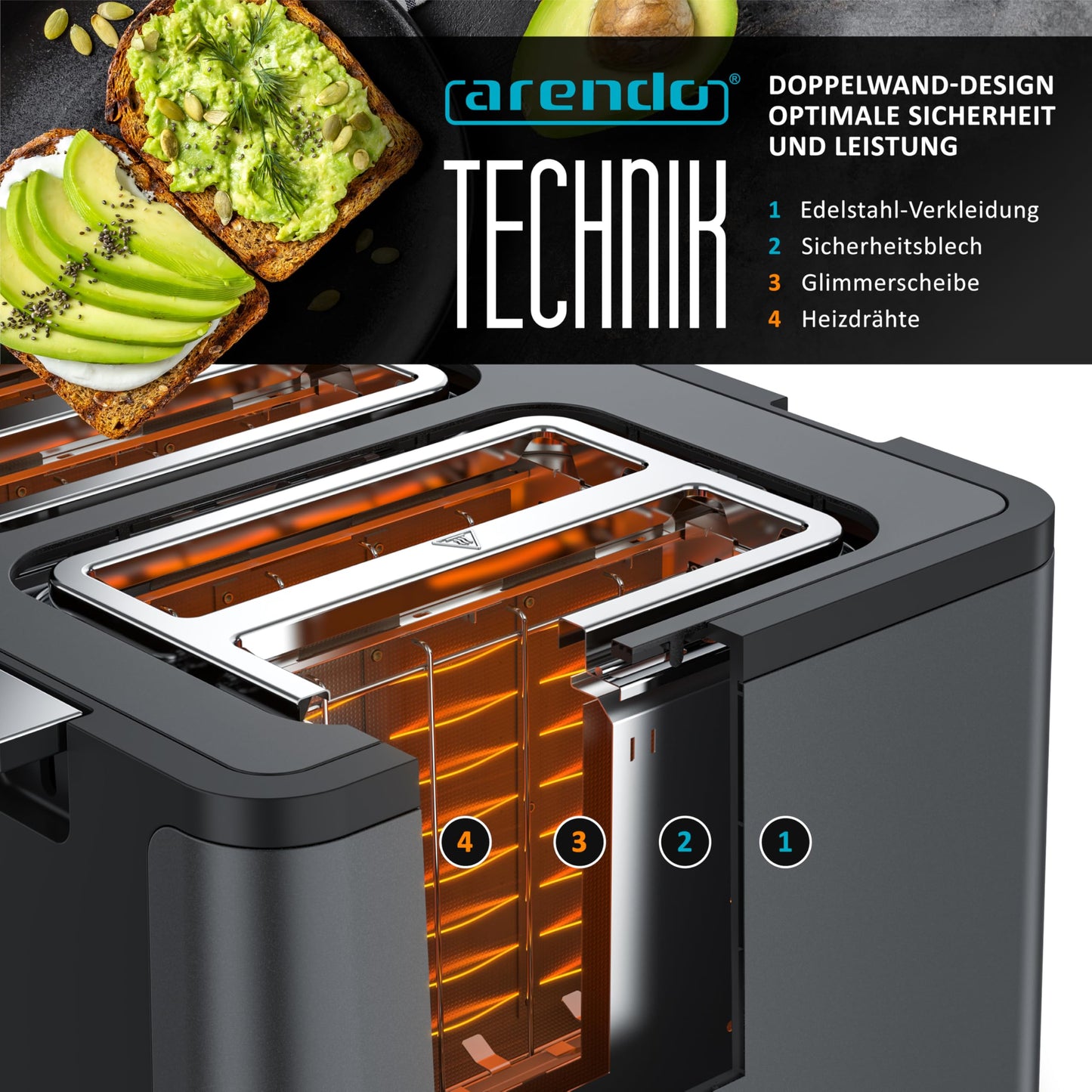 Arendo - 4-Slice Stainless Steel Toaster - with Bun Attachment - 4 Slots - LED Display Countdown Timer - Double-Wall Housing - Defrost Function - Crumb Tray - 6 Browning Levels - Cool Grey Design